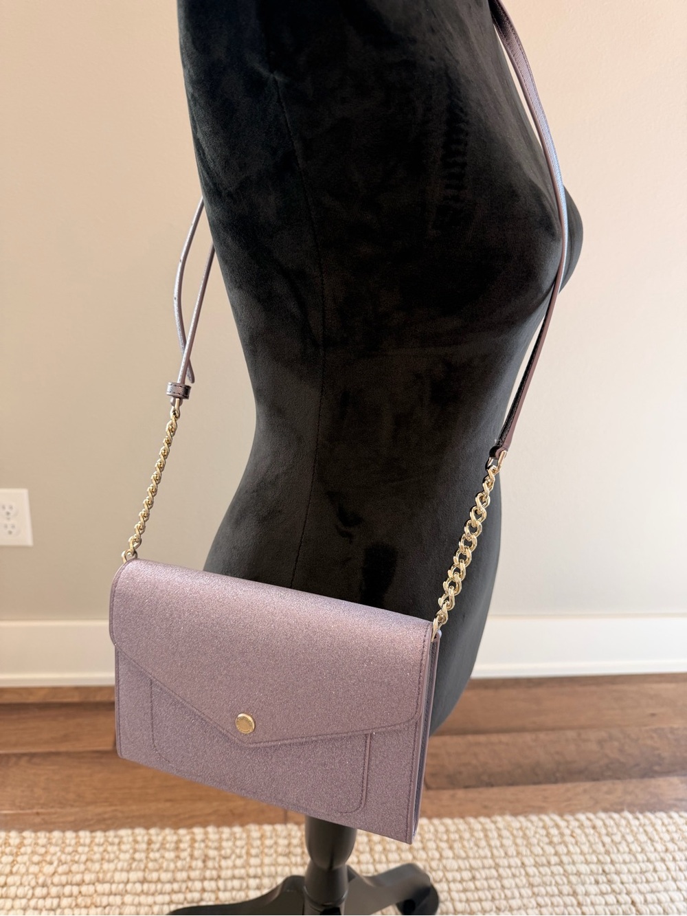 kate spade lilac frost glittery crossbody with gold chain